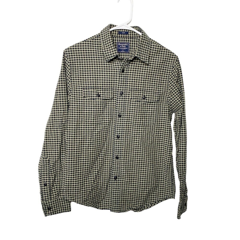 Abercrombie & Fitch Button Down L/S Shirt Mens SZ Small Plaid Tan Black Cotton